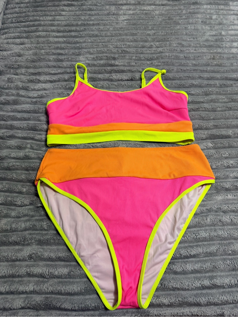 Popvil Neon Colorblock Two-Piece Bikini - Hot Pink, Orange & Lime